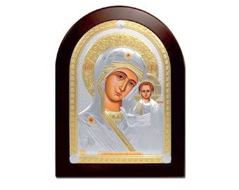 Icône orthodoxe de la Vierge Marie de Kazan en argent - Petite, Mini Icône Bénie dans l’église du Saint-Sépulcre Jérusalem