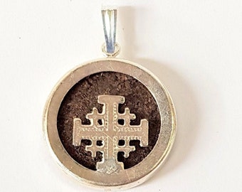 Jerusalem Cross Pendant - Holy Soil, Jerusalem Soil Medallion - Sterling Silver Religious Jewelry, Silver Cross