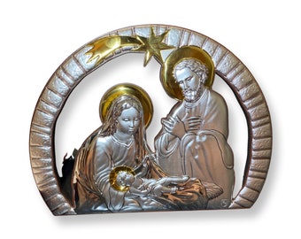 Icône de la nativité de Noël, argent et or 3D, Saint Joseph, Vierge Marie et bébé Jésus avec étoile de Bethléem