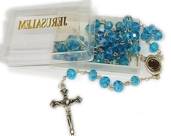 Light Blue Crystal Rosary with wire, Holy Soil and Metal Crucifix - Blessed in the Holy Sepulchre Church Jersualem