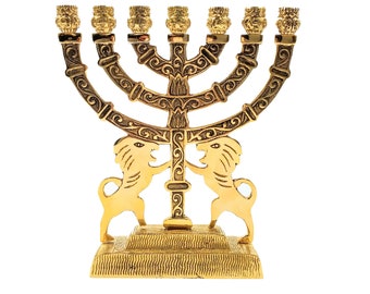 Menorah hanoukkah en laiton, 22,5 cm / 9 pouces 7 branche Menorah, 2 lions de JUDA de Terre Sainte, Bougeoir menorah