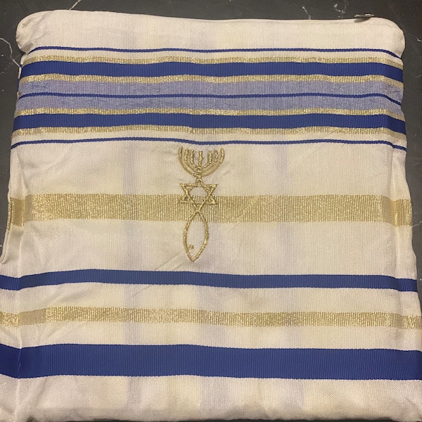 Tallit Prayer Shawl Jewish Gold Blue Made in Israel with Bag