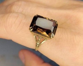 1960s Vintage Emerald Cushion Cut Chocolate Quartz and 9k Gold Ring - Customized Layaway Available