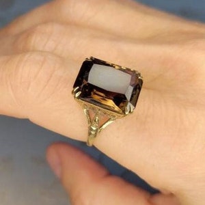 1960s Vintage Emerald Cushion Cut Chocolate Quartz and 9k Gold Ring - Customized Layaway Available