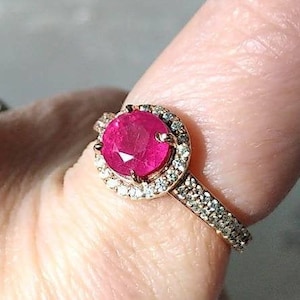 Layaway Plan Available! Juicy Modern 1.67 Carat Ruby and Diamond 14k Rose Gold Halo Ring