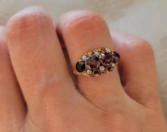 Personalized Layaway is Available! Elizabethan-Style Antique 1900 Garnet and Pearl Solid Gold 9k Ring from England Fully Hallmarked