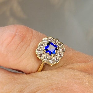 English Vintage Royal Blue and White Sapphire and Spinel 9k Yellow Gold Cluster Ring - Edwardian Style Princess Diana - Layaway Available