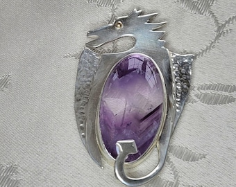 Large Canadian Artisan Crafted Amethyst and Sterling Silver Mystical Dragon Pendant - Viking Celtic Medieval Jewelry - Vintage