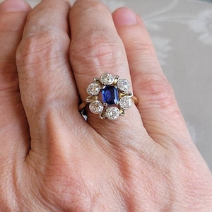 Layaway Available! Heirloom English Antique Art Deco Natural Sapphire and Diamond Floral Cluster 18K Ring with Original Box