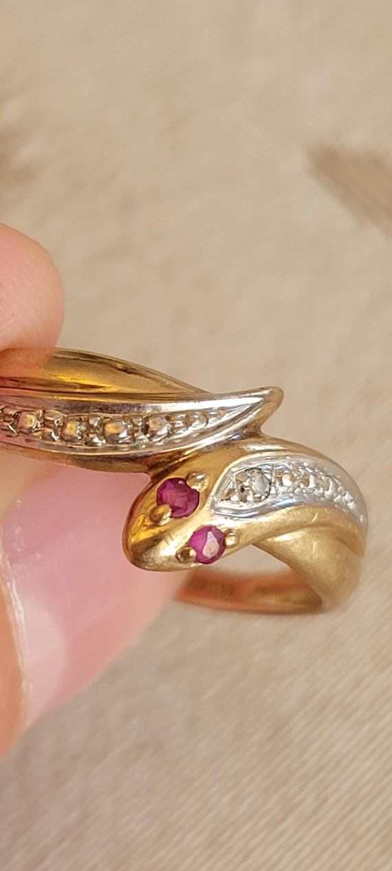 9k Solid Gold Coiled Serpent Ring with Rubies and… - image 1