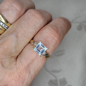 Customized Layaway Available! Princess Diana Vintage Aquamarine and Diamond 10k Yellow Gold Royalty Ring, March Birthstone Princess Cut