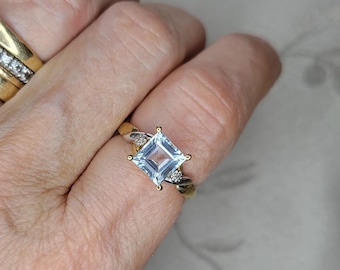 Customized Layaway Available! Princess Diana Vintage Aquamarine and Diamond 10k Yellow Gold Royalty Ring, March Birthstone Princess Cut