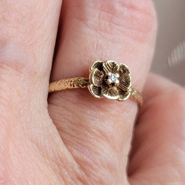 Sweetest Vintage Diamond and 10k Yellow Gold Tulip Floral Ring - for Statement, Stacking or to Celebrate - Customized Layaway Available!