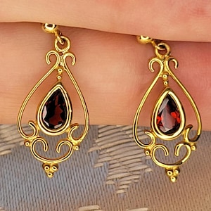 Natural Garnet and Solid 9K Yellow Gold Drop Dangle Earrings - Victorian Georgian Style