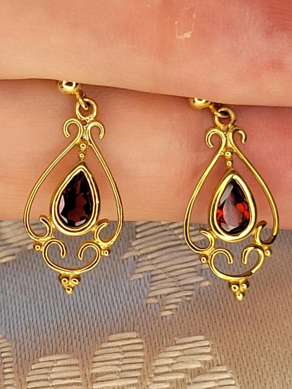 Natural Garnet and Solid 9K Yellow Gold Drop Dangle Earrings - Victorian Georgian Style