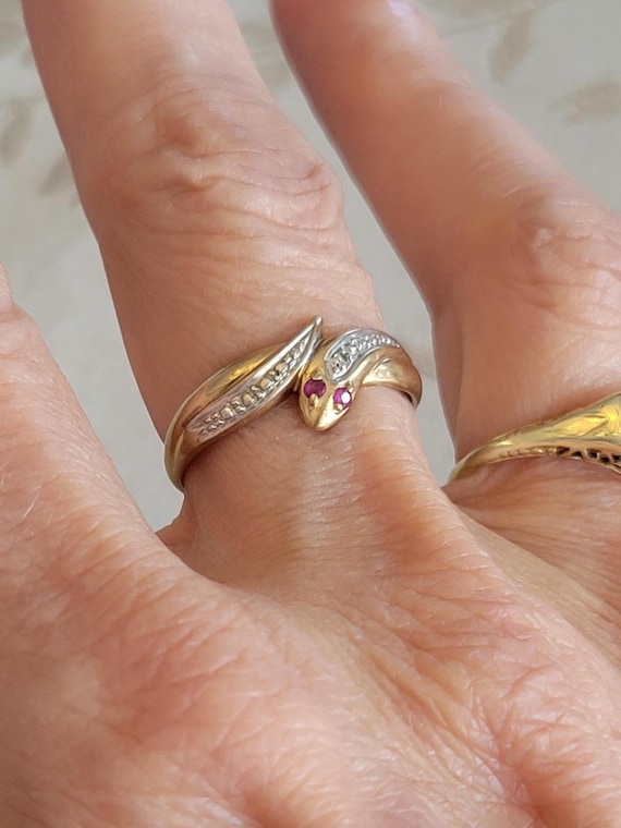 9k Solid Gold Coiled Serpent Ring with Rubies and… - image 6