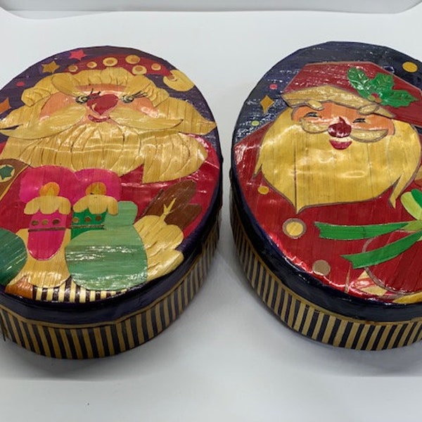 Handmade Christmas Boxes Made with Bamboo & Straw of Rice. Vintage 1990.