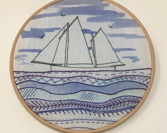 Sailing ship hoop embroidery  6 inches