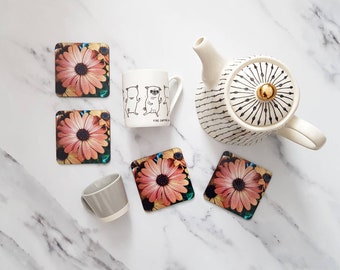 Orange Daisy Coaster Set - Floral Cork-Backed Drink Coasters SALE
