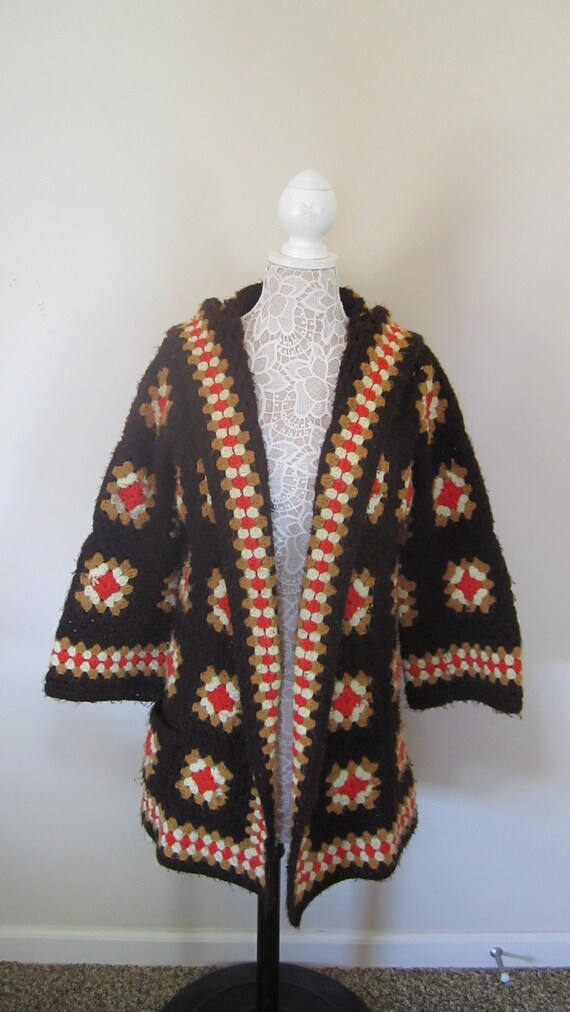 Dark Brown Granny Square Hand Knit Sweater Overcoa
