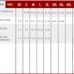 May include: A size chart with a red border and white background. The chart lists sizes for men's chest measurements in inches, women's sizes, and youth sizes. Sizes range from XS to 5XL.