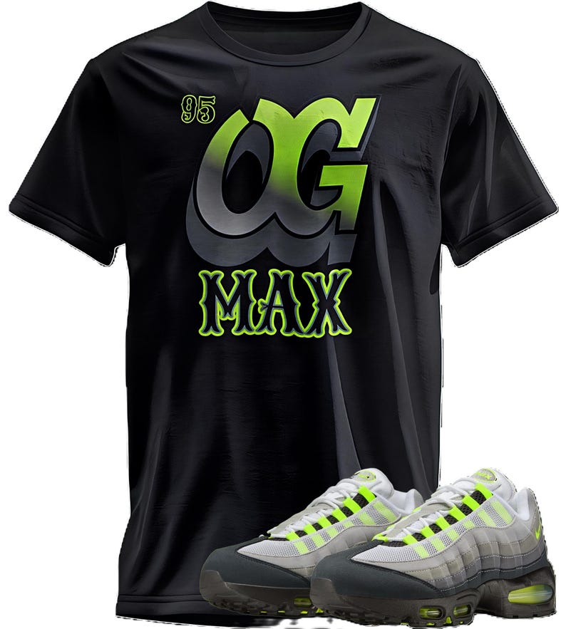 May include: Black t-shirt with the text "95 OG MAX" in neon green and gray. The image also shows a pair of gray, white, and neon green athletic shoes.
