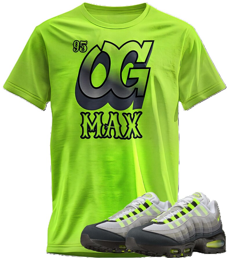 May include: A neon green t-shirt with the text "OG MAX" in black and gray, paired with matching sneakers. The sneakers are gray, white, and neon green. The shirt also has the number "95" on it.