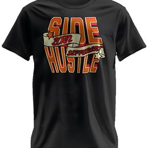 May include: Black t-shirt with the words "SIDE HUSTLE" in orange and red block letters. The words "BORN DIFFERENT" are printed on a banner across the middle of the design. A star is on each side of the banner.