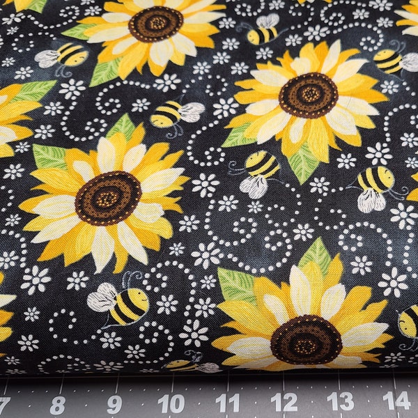 Timeless Treasures You are My Sunshine Sunflower and Bees on Black C5345 Fabric Quilting Crafting Masks Sewing