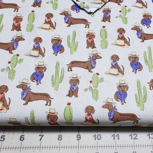 Western Wiener Dog Dachshund 100% Cotton Fabric Quilting Masks Crafts Sewing