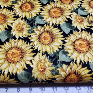 Sunflowers on Black 100% Cotton Fabric Quilting Masks Crafts Sewing