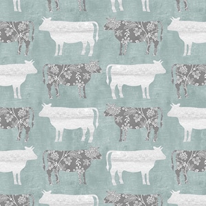 Benartex Chalk Barn Calico Cows Teal Cotton Fabric Quilting Masks Crafts Sewing