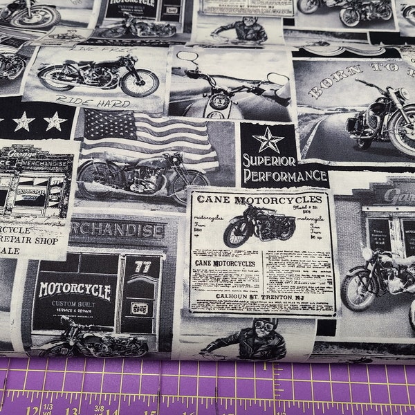 Timeless Treasures Vintage Motorcycle Newsprint C3646  Cotton  Fabric Quilting Masks Crafts Sewing