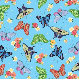 Benartex Tropical Butterflies Light Blue 1469005B Cotton Fabric Quilting Masks Crafts Sewing