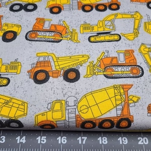 Construction Trucks on Gray Cotton Fabric Quilting Crafting Masks Sewing
