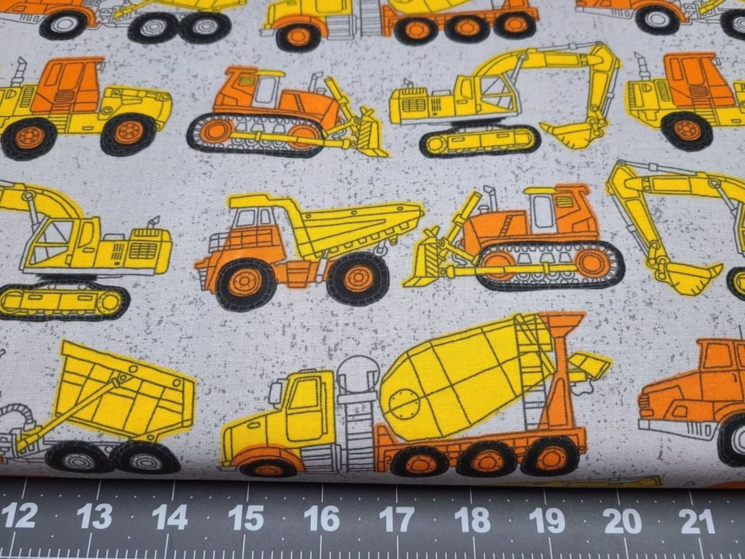 Construction Trucks on Gray Cotton Fabric Quilting Crafting Masks Sewing
