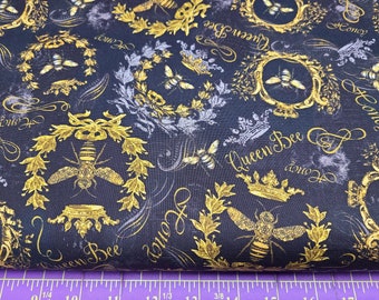 Timeless Treasures Black Queen Bee Golden Crests CD1355 Cotton  Fabric Quilting Masks Crafts Sewing