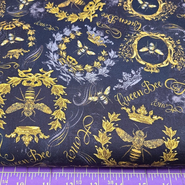 Timeless Treasures Black Queen Bee Golden Crests CD1355 Cotton  Fabric Quilting Masks Crafts Sewing