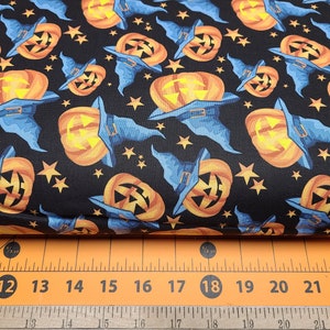 Pumpkins with Hats on Black Fabric Quilting Sewing Crafting