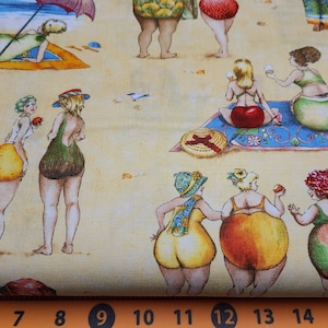 Elizabeth&#39;s Studio Fruit Ladies on the Beach Cotton Fabric