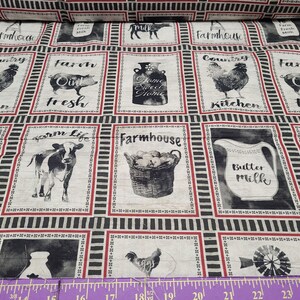 May include: Farmhouse-themed fabric with a repeating pattern of black and white illustrations. The design includes images of a cow, pig, rooster, and a basket of eggs, along with the words "Farm," "Fresh," and "Butter Milk."