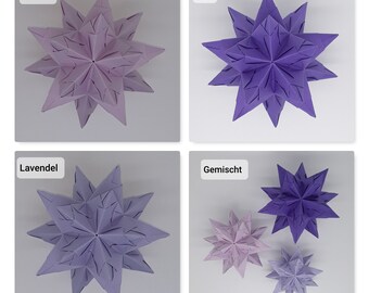 Bascetta stars made of paper in various shades of purple and 6 different sizes