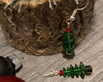 Christmas tree earrings.green and red Christmas earrings.holiday earrings. Swarovski crystal Emerald Holiday Earrings.