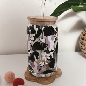 Moo Cow 16oz Libbey Glass Can/ Purple Cow Glass Can/ With Bamboo Lid and Glass Straw/ Cow Lover / Gift to Friend