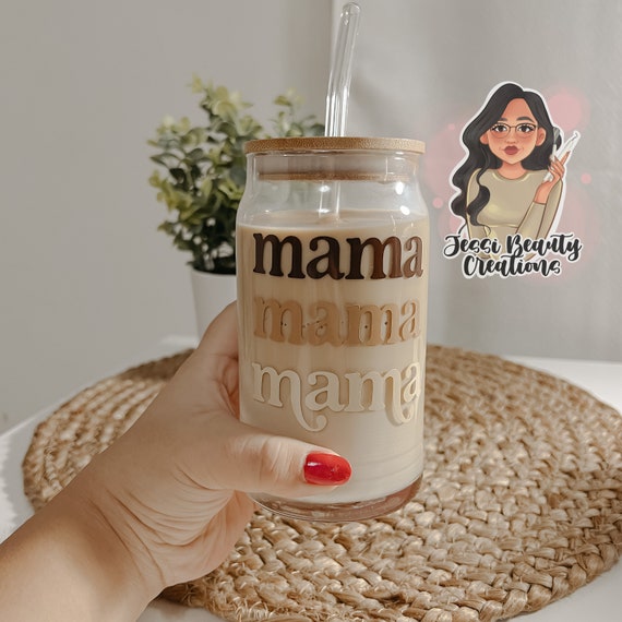 Mama Glass Tumbler With Lid and Straw, Mama Can Glass, Mama Iced Coffee Cup  Glass, Boho Mama Can Glass, Glass Coffee Cup, Mothers Gift, 16oz 