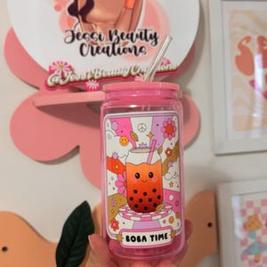 Boba Time 16oz Libbey Can Glass/ Coffee Can Glass / Soda Can/ Present For Friend / With Bamboo Lid and Glass Straw/ Boba Lover
