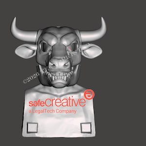 Puede incluir: Un busto de toro renderizado en 3D de color gris con cuernos prominentes, orejas puntiagudas y una expresión con los dientes al descubierto. La escultura tiene un acabado mate liso y se muestra sobre un fondo gris oscuro con marca de agua safecreative.