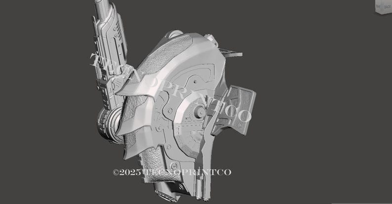 May include: A detailed, gray 3D-printed model of a futuristic helmet, featuring intricate mechanical details and layered armor plates. The design includes a side-mounted device and the text "&copy;2023 TECNOPRINTCO".