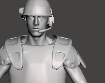 May include: A gray 3D model of a soldier wearing a helmet and armor. The soldier is looking directly at the camera.