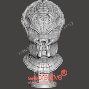 May include: A grey, three-dimensional digital render of a creature bust featuring a textured, ridged cranium, prominent mandibles, and a layered collar. The design includes the text 'safecreative' and '©2020' overlaid on the grey surface.